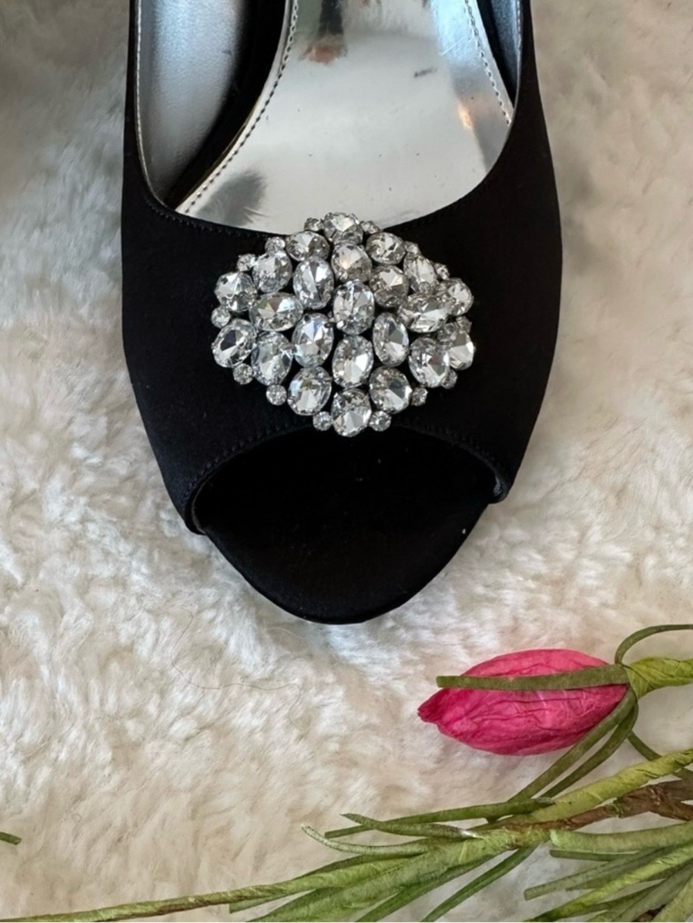 Nina Black Satin Glamour Pumps with Crystal Brooch - Picture 4 of 8